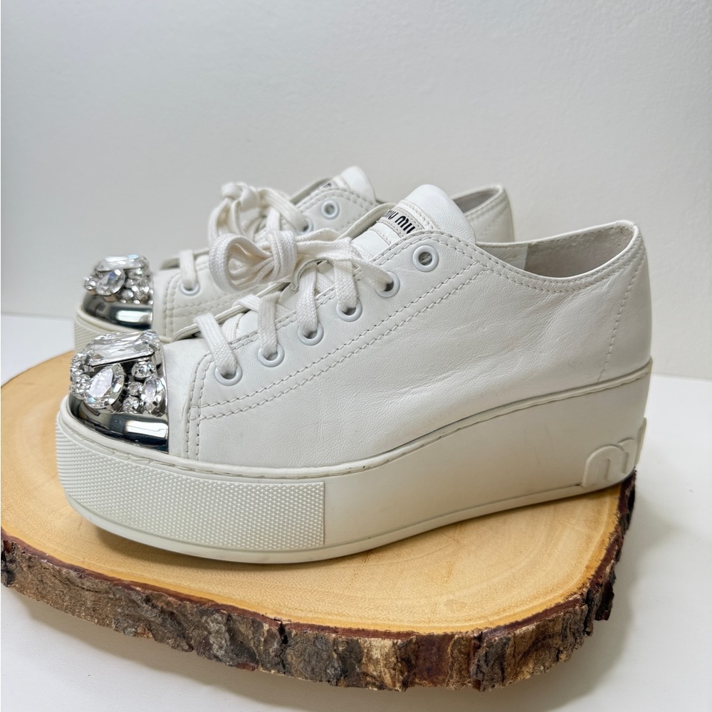 MIU MIU White Leather Embellished Cap Toe Platform Sneakers
Size 36.5